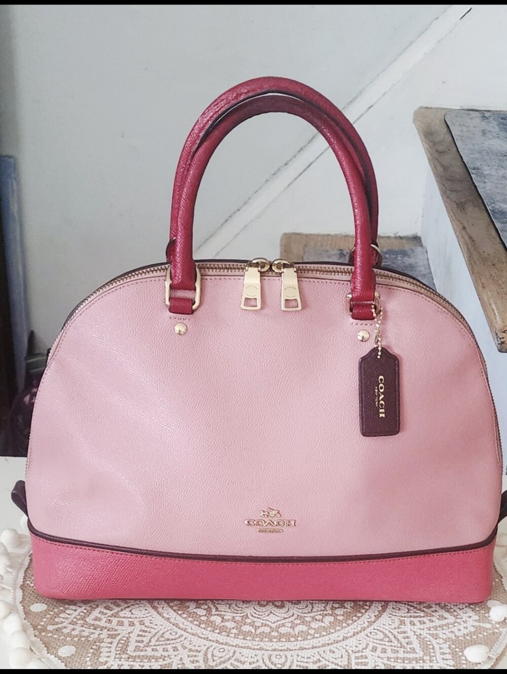 Coach Sierra Two-Tone Pink Dome Satchel with Dark Rose Trim